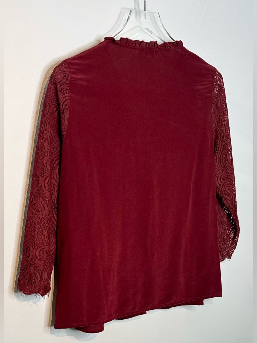 Sezane Margaret Bordeaux Red Silk Lace Sleeve Blouse Shirt Top - Picture 7 of 14
